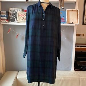 Loft Rayon Blue Green Plaid Long Sleeve Dress S